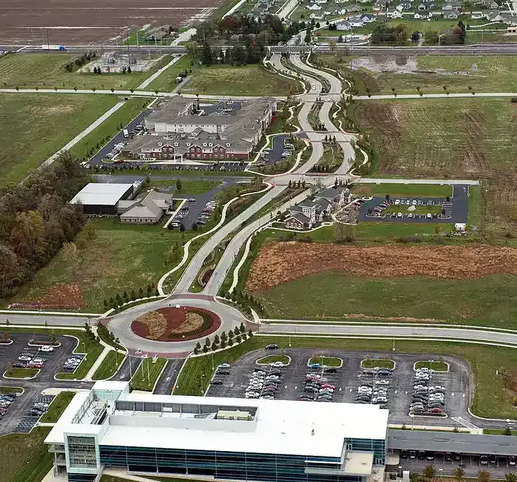 Aerial photo of boulevard with adjacent sidewalks.