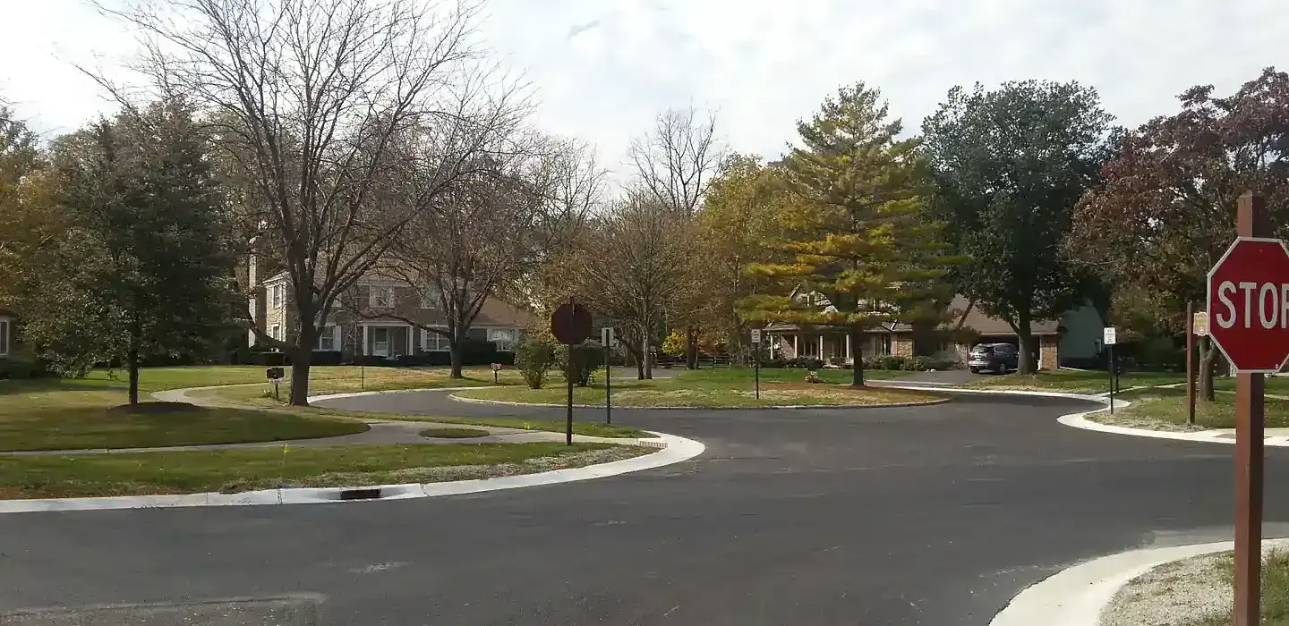Asphalt cul-de-sac in a residential area. There are houses and trees behind the cul-de-sac.