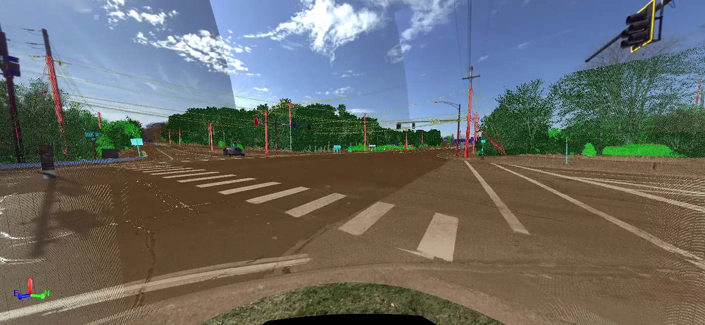 Scanner point of view rendering of signaled intersection with crosswalks.