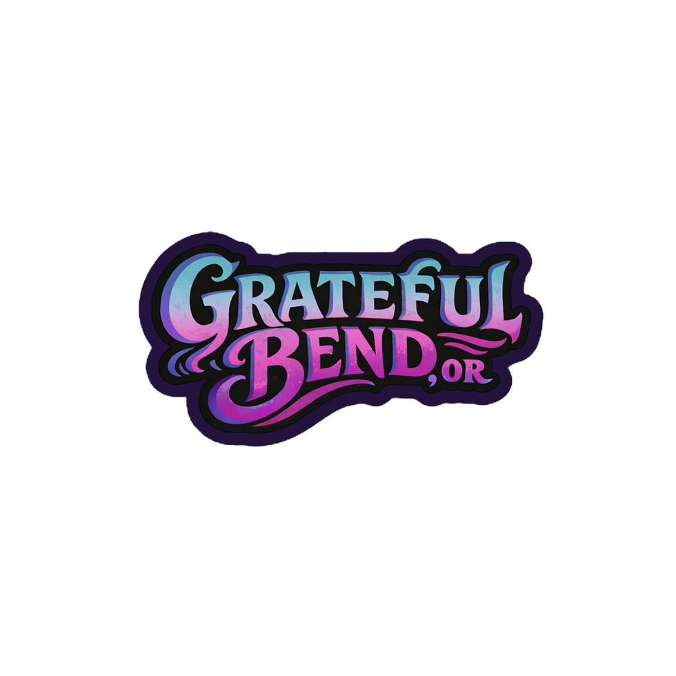 Thumbnail: Cosmic Sunset Grateful Bend script sticker with purple and blue psychedelic lettering and orange border