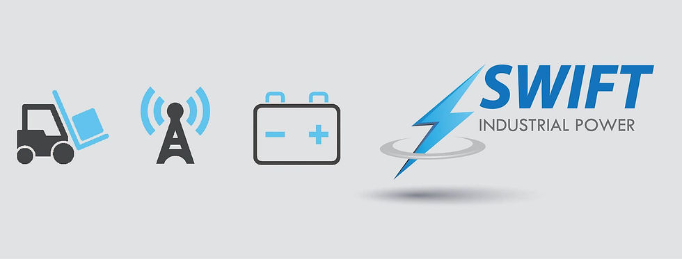 Forklift icon lifting a blue box, a beacon and a battery with the Swift Industrial Power Logo