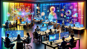 People in a futuristic office analyze data on screens, using real-time insights for Maximizing Sales. Colorful digital projections and graphs adorn the vibrant, high-tech setting.