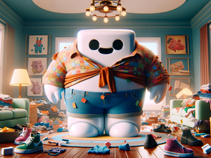 A smiling robot in a colorful room wearing a plaid shirt and jeans, surrounded by clothes and shoes—symbolizing personalization and automation through CRM Customization. Bright atmosphere with framed art.