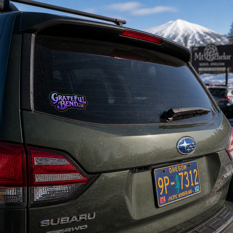 Thumbnail: Cosmic Sunset Grateful Bend sticker on a Subaru Forester window at Mt. Bachelor ski resort in winter