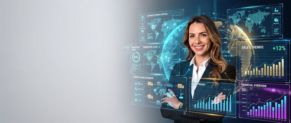 A professional businesswoman with crossed arms standing next to a sleek white futuristic h