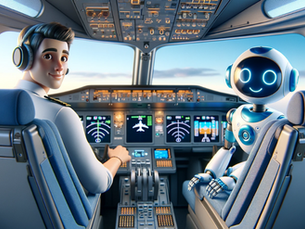 Pilot and smiling robot sit in a cockpit surrounded by glowing controls, symbolizing the power of Dynamics 365 Sales. Blue sky visible outside sets a friendly and futuristic mood, reflecting smart sales automation and collaboration.