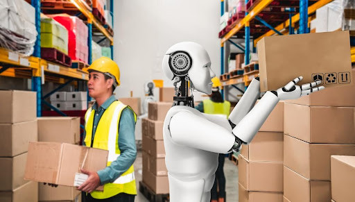 AI Robot working in supply chain warehouse