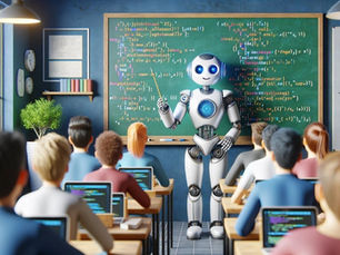 Robot teacher in a bright, tech-themed classroom pointing at a chalkboard with colorful code illustrating How to Write a Dynamics 365 CE Plugin, while students at desks with laptops follow along.