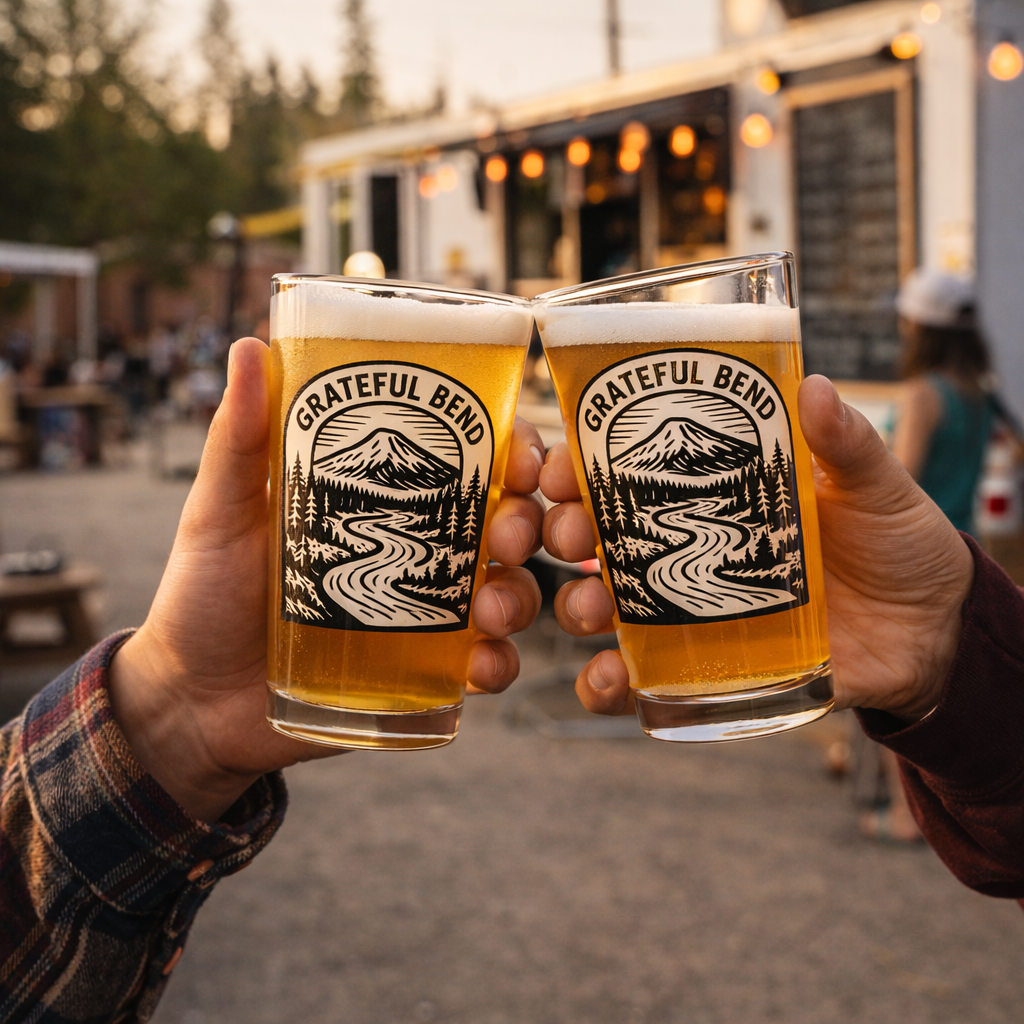 Two people cheering with Mount Bachelor Shaker Pint glasses at a sunset picnic in Bend Oregon