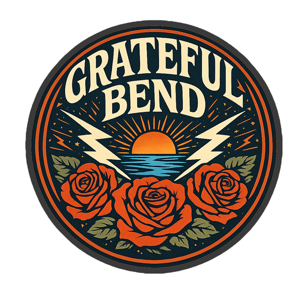 Ramble On Rose vinyl sticker featuring a red rose and Grateful Bend mountain and river logo