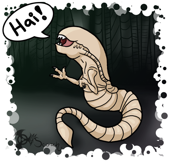 A cartoon alien chest-burster saying "Hai!" from the movie Alien.