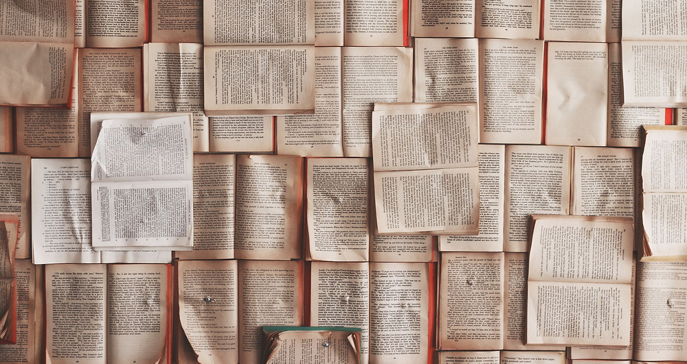 A series of open books pinned to a board