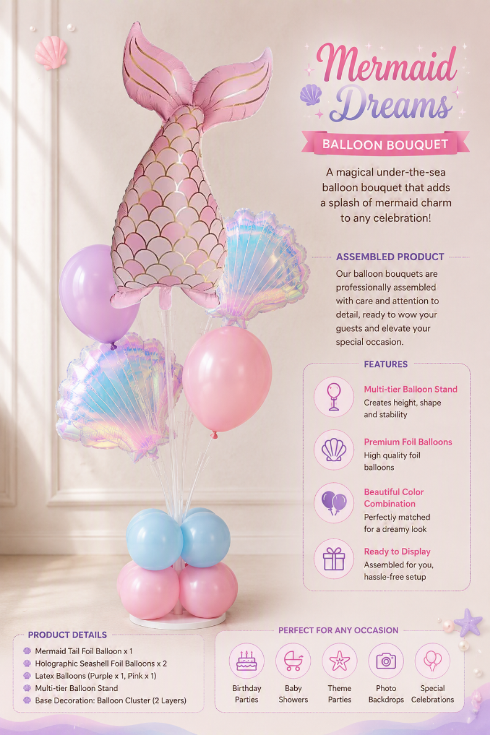 Mermaid balloon bouquet with pink mermaid tail, holographic seashells and balloons for an under-the-sea birthday party.