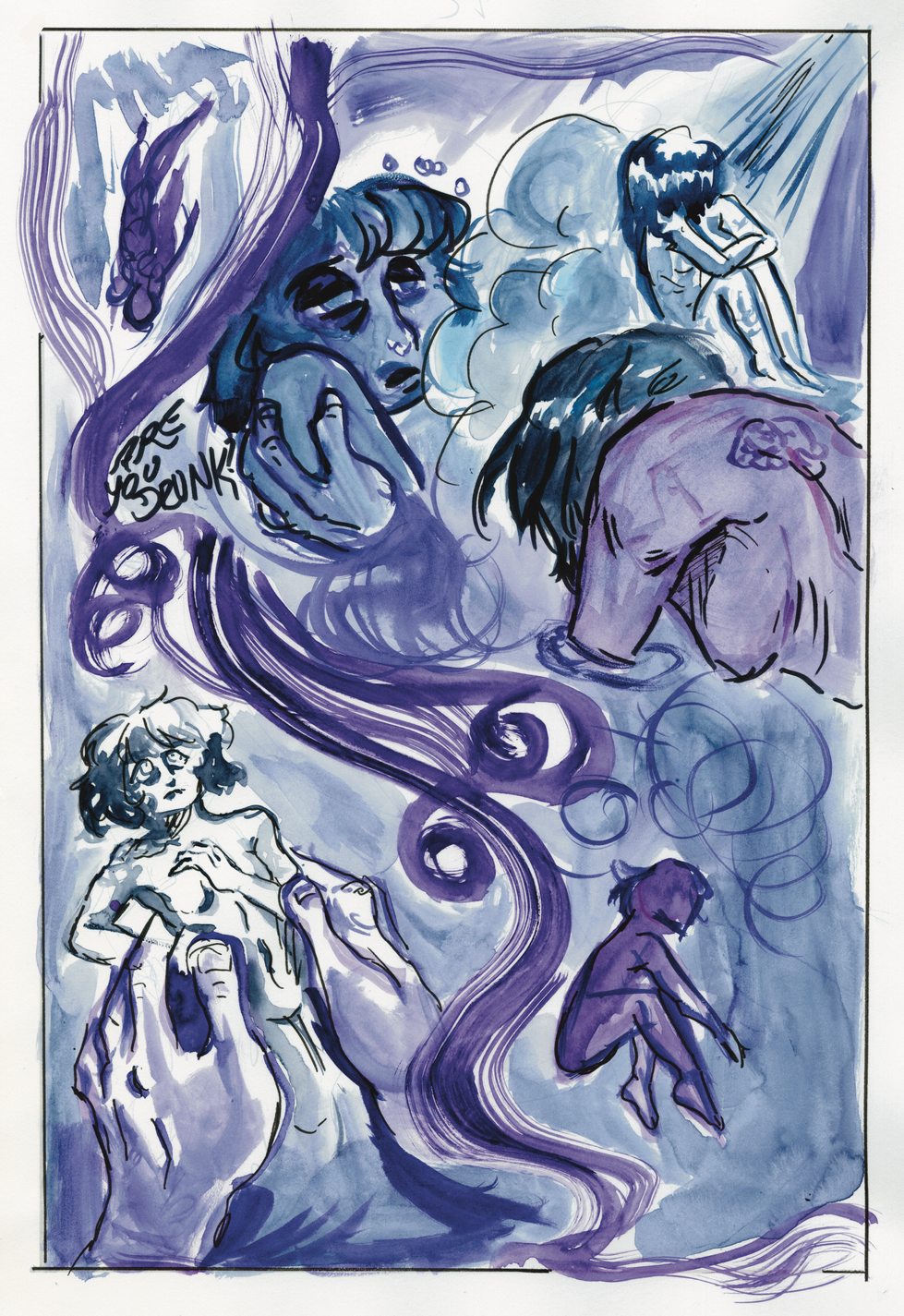Purple watercolor drawings of figures with flowing hair and distressed expressions.
