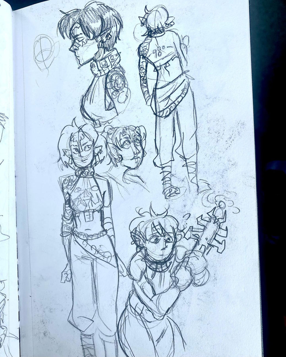 Multiple character sketches in a sketchbook with varied outfits. Sketchbook Work. Illustrations By Mej.