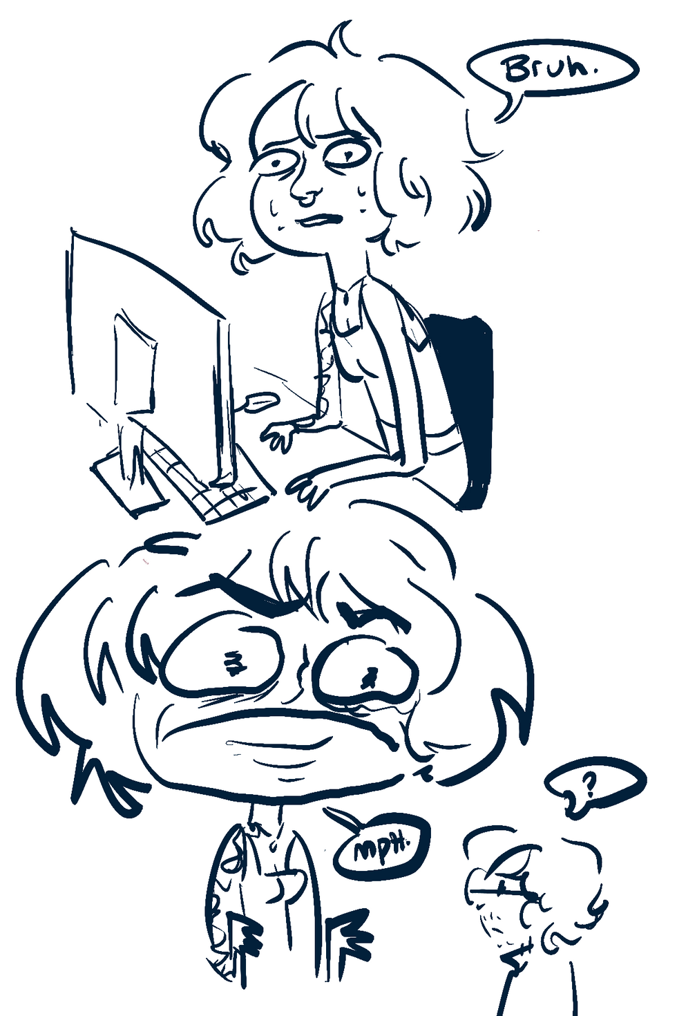 Cartoon depicts a person with "Bruh" bubble, "mph," and "?" speech bubbles, Digital Sketches.