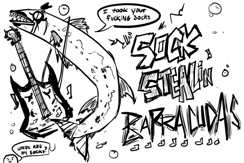 Cartoon barracuda steals socks, text reads: Sock Stealin' Barracudas, Digital Sketches, Illustrations By Mej