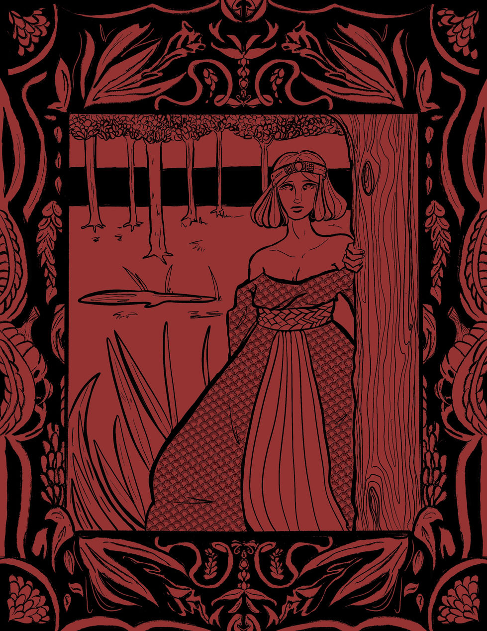 Woman in red dress peeking from behind a tree in the forest Illustrations By Mej