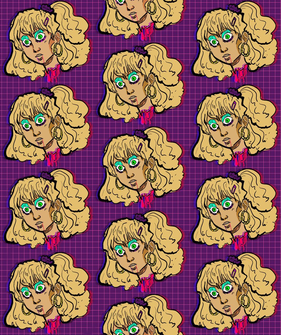 Repeated illustration of a blonde woman wearing large earrings on purple background. Illustrations By Mej