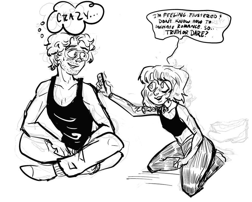 Man thinking “Crazy” while woman asks truth or dare? Digital Sketches Illustrations By Mej
