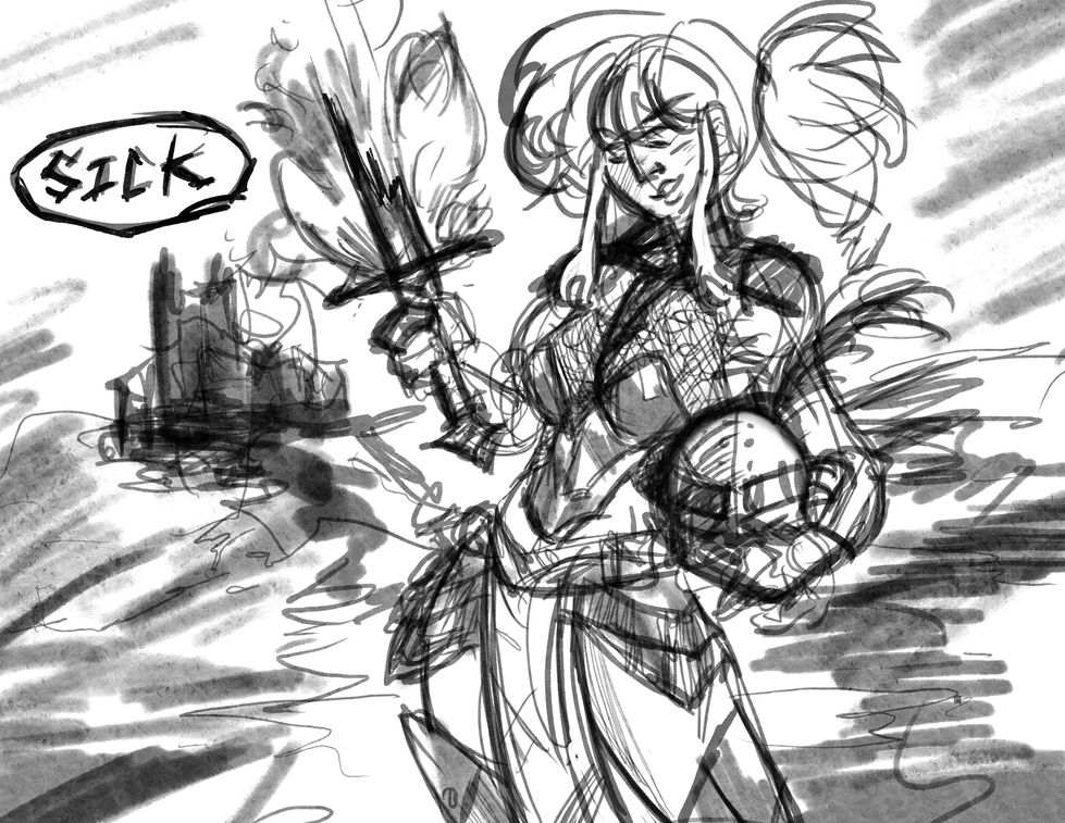 Female warrior holding sword and shield with 'Silk' text, castle Digital Sketches Illustrations By Mej