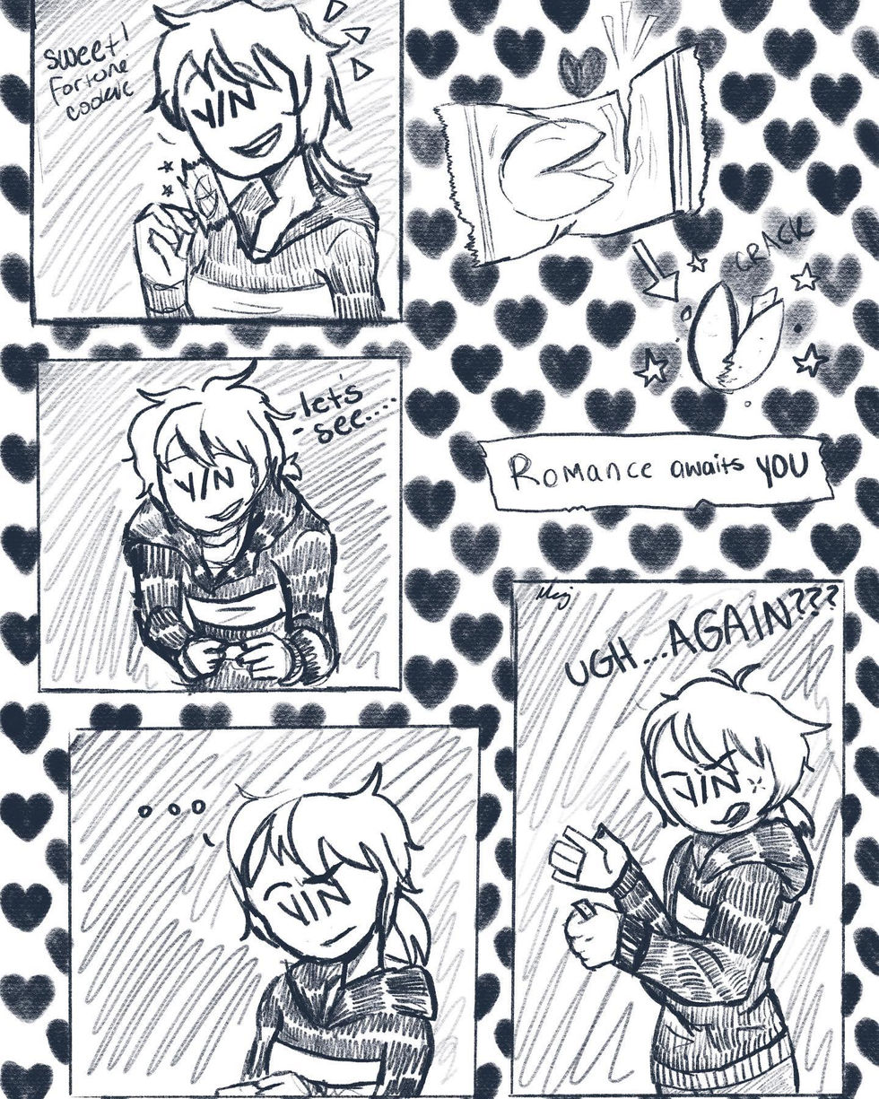 Comic of character with text bubbles saying WIN, Romance awaits you, and Ugh AGAIN