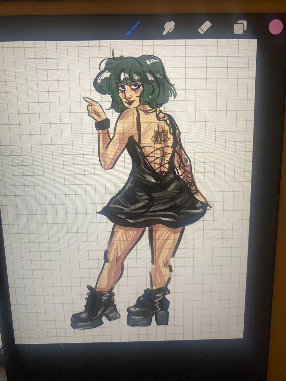 Woman with green hair in black dress pointing, Digital Sketches, Illustrations By Mej.