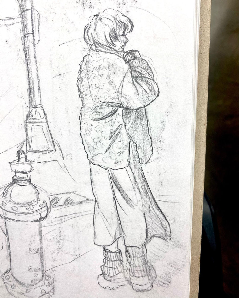 Person in coat standing, holding coat; Sketchbook Work, near a street light.