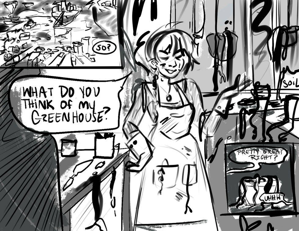 Woman in greenhouse asks, "What do you think of my greenhouse?" Digital Sketches