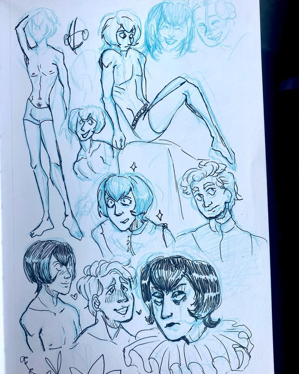 Multiple male figures sketched in blue ink. Sketchbook Work. Illustrations By Mej.