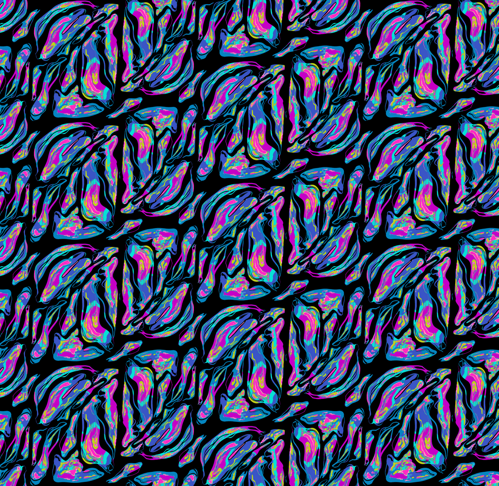 Abstract colorful pattern with blue, purple, and pink hues on a black background.