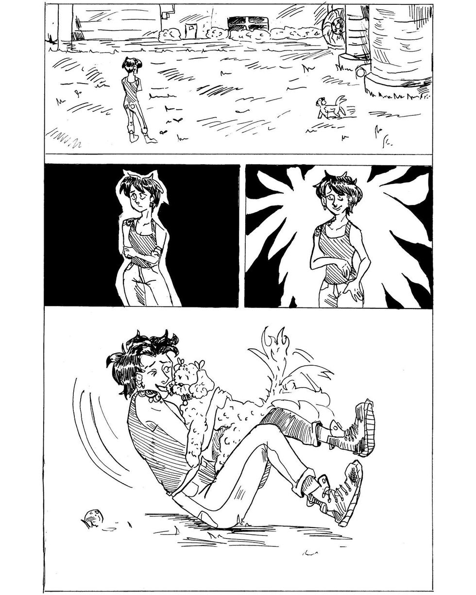 Comic strip: a person falls, with visible text. Illustrations By Mej.
