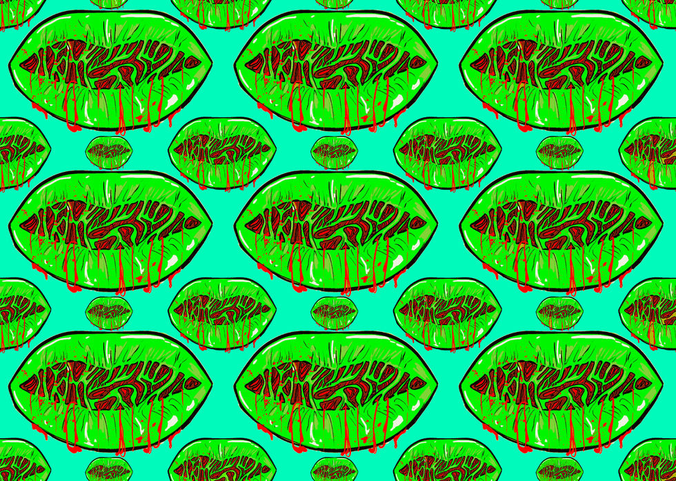 Repeating pattern of green lips with red blood, Illustrations By Mej.