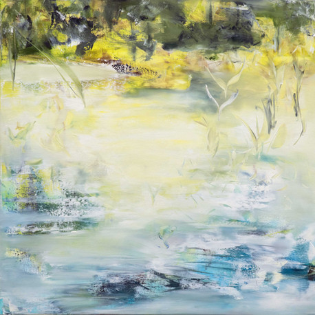 Square painting, yellow, blue, green with white birds