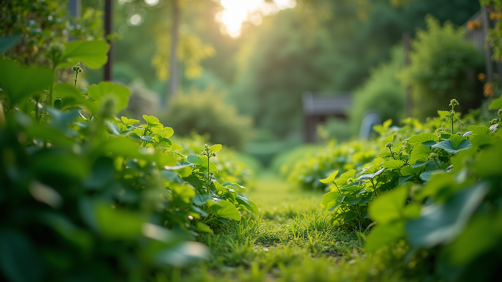 Eye-level view of a lush green garden with diverse plants