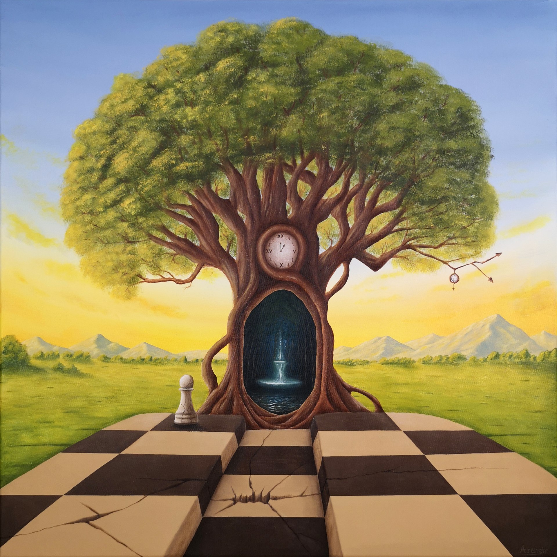 Surrealism fantasy art magical realism acrylic painting by polish artist ASENSIR
clock time chess chessboard grass tree landscape mountain mountains sky summer sunset blue green yellow brown white orange calm melancholy beautiful 
Surrealizm sztuka fantastyczna realizm magiczny polski artysta malarz obraz akrylowy na płótnie obrazy malowane na płótnie
zegar czas szachy szachownica pionek  woda zachód słońca drzewo trawa słońce widok krajobraz klify wzgórza góra góry skała niebo obraz malarstwo błękit zielony żółty brązowy biały spokój melancholia piękny pomarańczowy portal