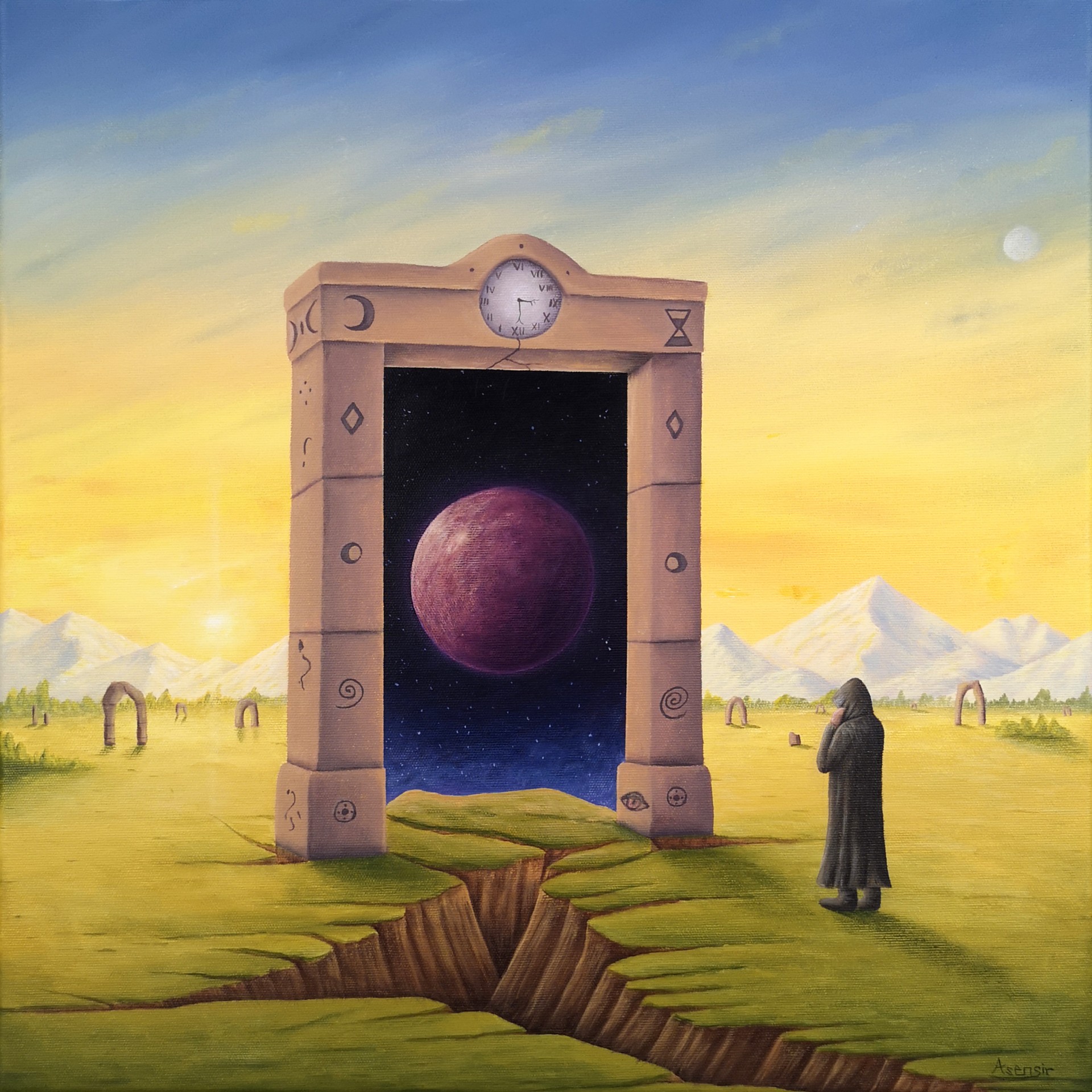 Acrylic painting by polish artist ASENSIR in the style of Surrealism, fantasy art and magical realism, featuring a clock and time portal to planet above grass, with landscape, mountain and mountains under the sky in summer during sunset. The composition includes blue, green, yellow, brown, white tones, creating a calm, melancholy and beautiful scene
Obraz akrylowy na płótnie w stylu Surrealizm, sztuka fantastyczna i realizm magiczny, stworzony przez polski artysta malarz ASENSIR. Kompozycja przedstawia zegar, czas, portal na inną tajemniczą planetę, zachód słońca, drzewo, trawa, słońce oraz widok krajobraz z elementami klify, wzgórza, góra, góry i skała pod niebo. Malarstwo utrzymane w kolorach błękit, zielony, żółty, brązowy, biały, o charakterze spokój, melancholia i piękny