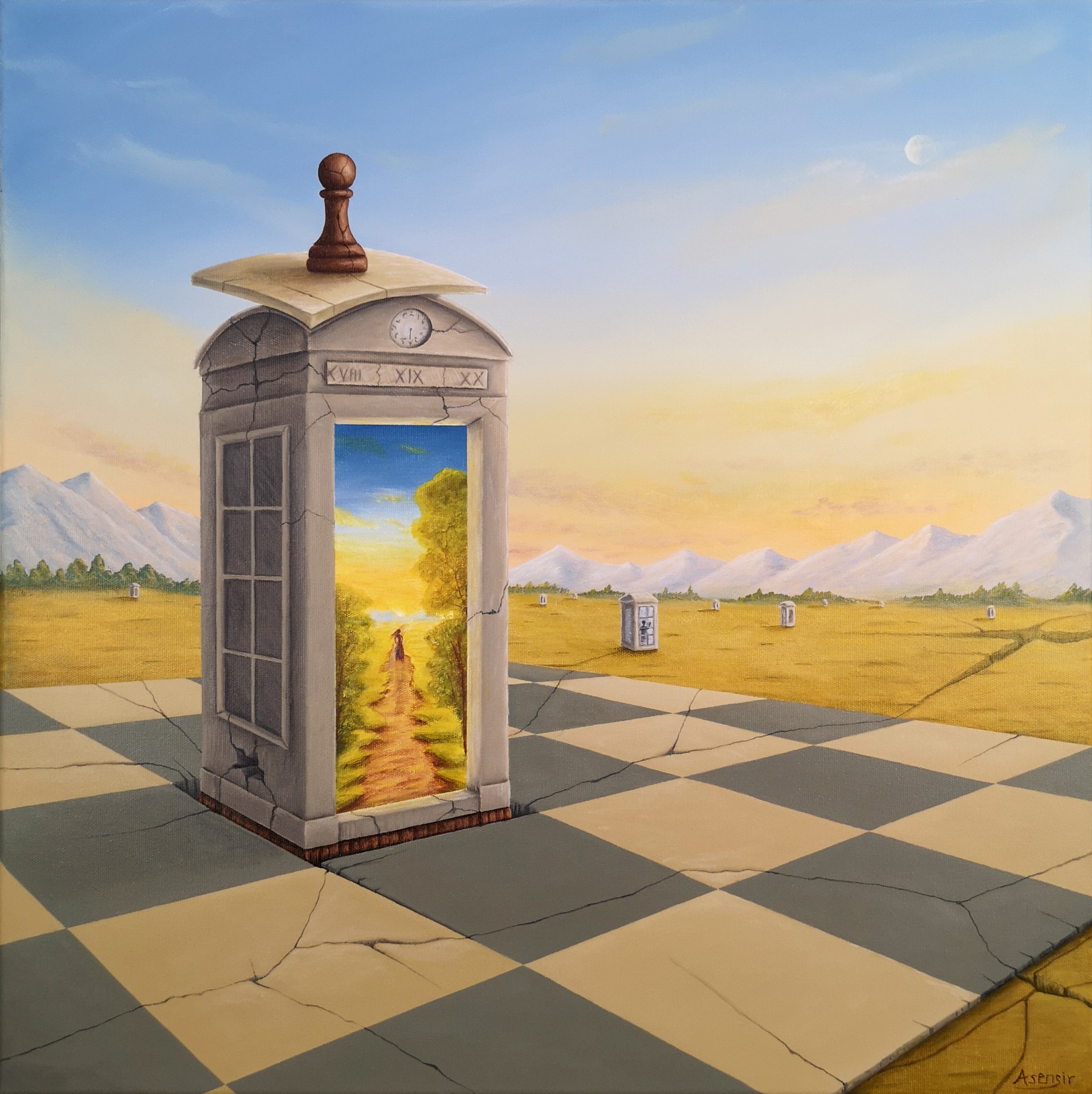 Surrealism fantasy art magical realism acrylic painting by polish artist ASENSIR
clock time chess chessboard grass tree landscape mountain mountains sky summer sunset blue green yellow brown white orange calm melancholy beautiful payphone
Surrealizm sztuka fantastyczna realizm magiczny polski artysta malarz obraz akrylowy na płótnie obrazy malowane na płótnie
zegar czas szachy szachownica pionek  woda zachód słońca drzewo trawa słońce widok krajobraz klify wzgórza góra góry skała niebo obraz malarstwo błękit zielony żółty brązowy biały spokój melancholia piękny pomarańczowy portal