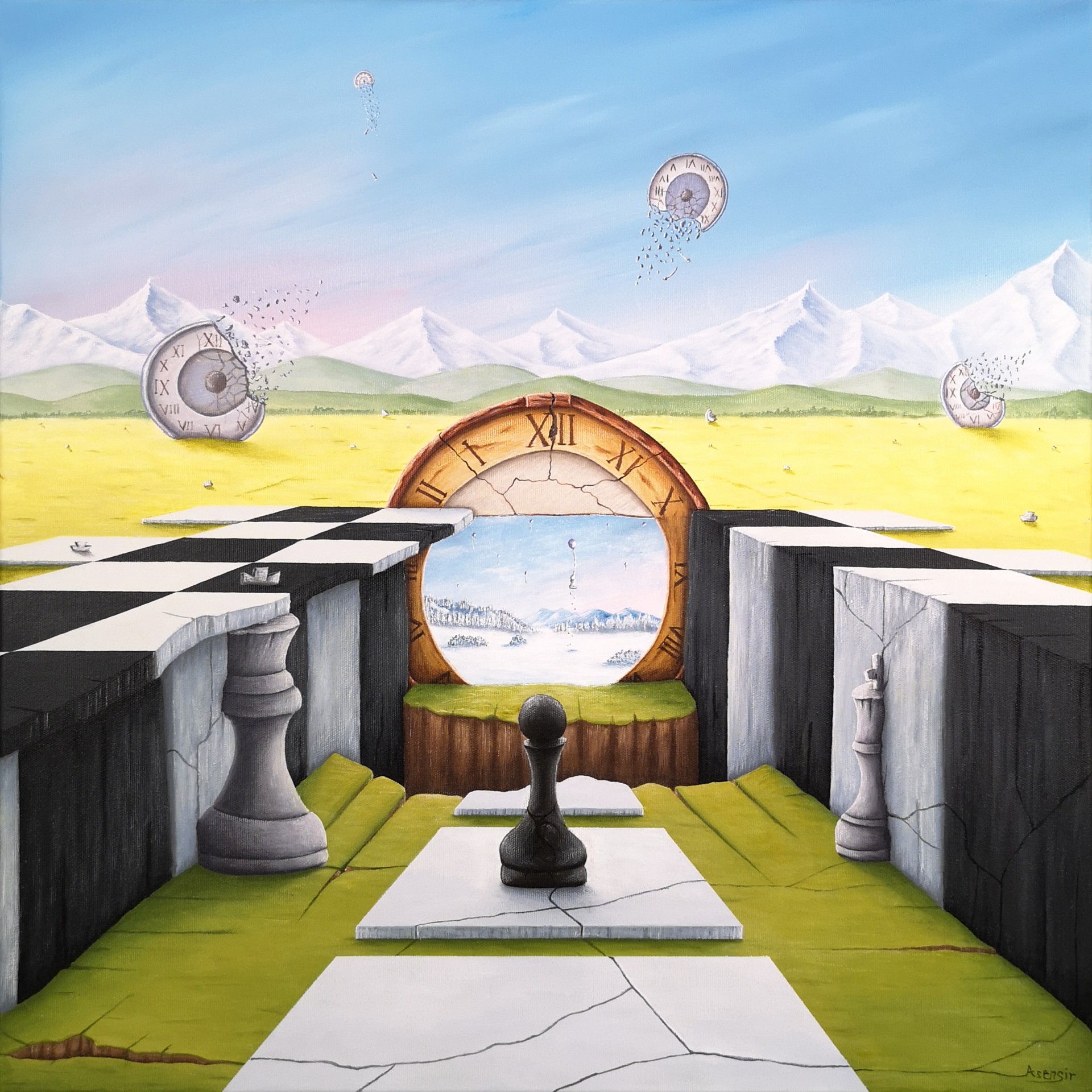 Obraz surrealistyczny z cyklu „Time” przedstawiający zegar, szachownicę i pionek szachowy w symbolicznej kompozycji krajobrazowej. Motywy czasu i decyzji ukazane poprzez elementy takie jak krajobraz, góry, szachy, portal i unoszące się zegary. Obraz akrylowy na płótnie autorstwa Asensir.

Surreal painting from the “Time” series featuring a clock, chessboard and chess in a symbolic landscape composition. Themes of time and choice are expressed through elements such as landscape, mountains, chess, portal and floating clocks. Acrylic painting on canvas by Asensir.