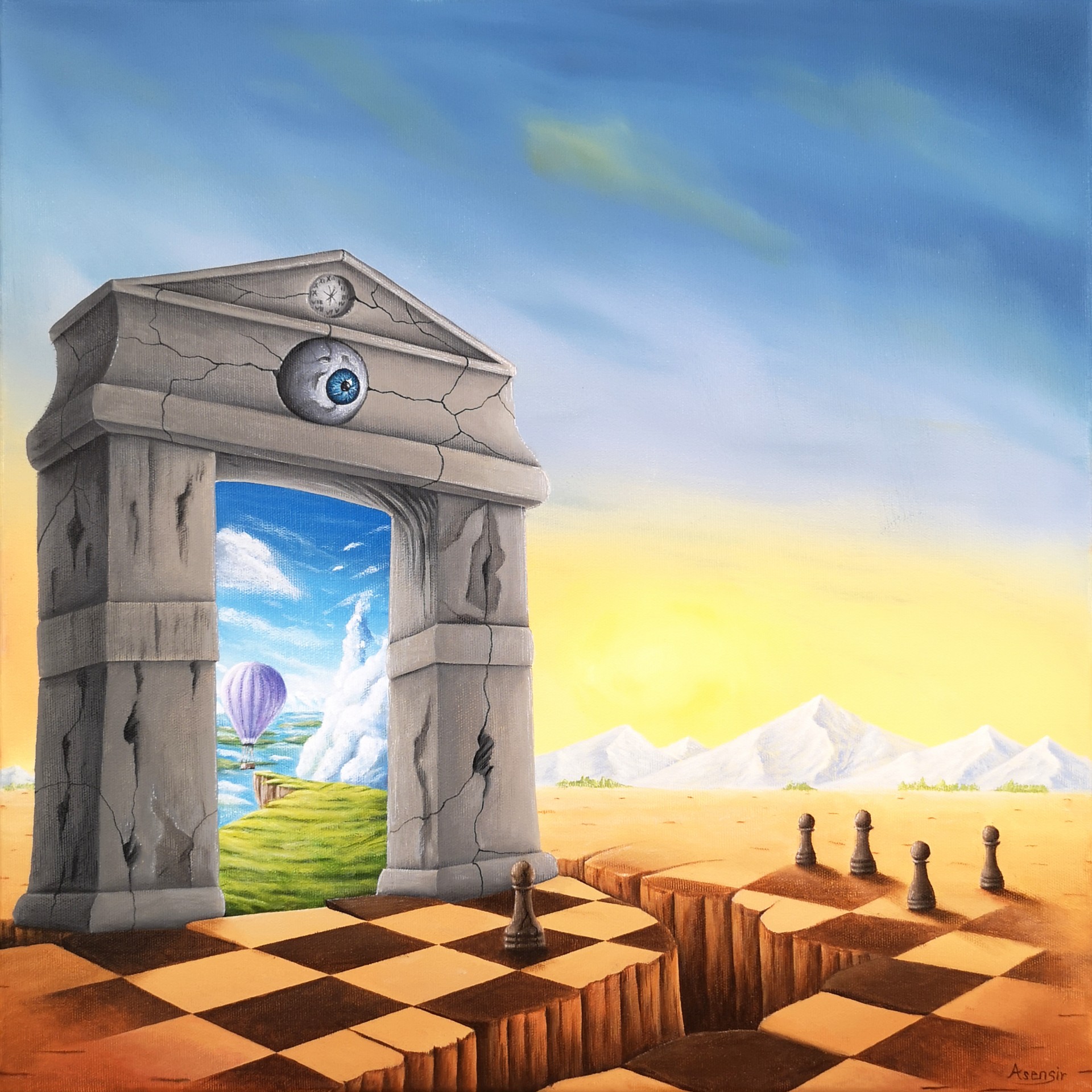 Obraz akrylowy na płótnie w stylu Surrealizm, sztuka fantastyczna i realizm magiczny, stworzony przez polski artysta malarz ASENSIR. Kompozycja przedstawia zegar, czas, oko, brama, portal czasu, szachy, pionki szachowe, szachownica, balon lecący fantastyczny oraz widok krajobraz z elementami klify, wzgórza, góra, góry, rzeka i skała pod niebo. Malarstwo utrzymane w kolorach błękit, zielony, żółty, brązowy, biały, o charakterze spokój, melancholia i piękny