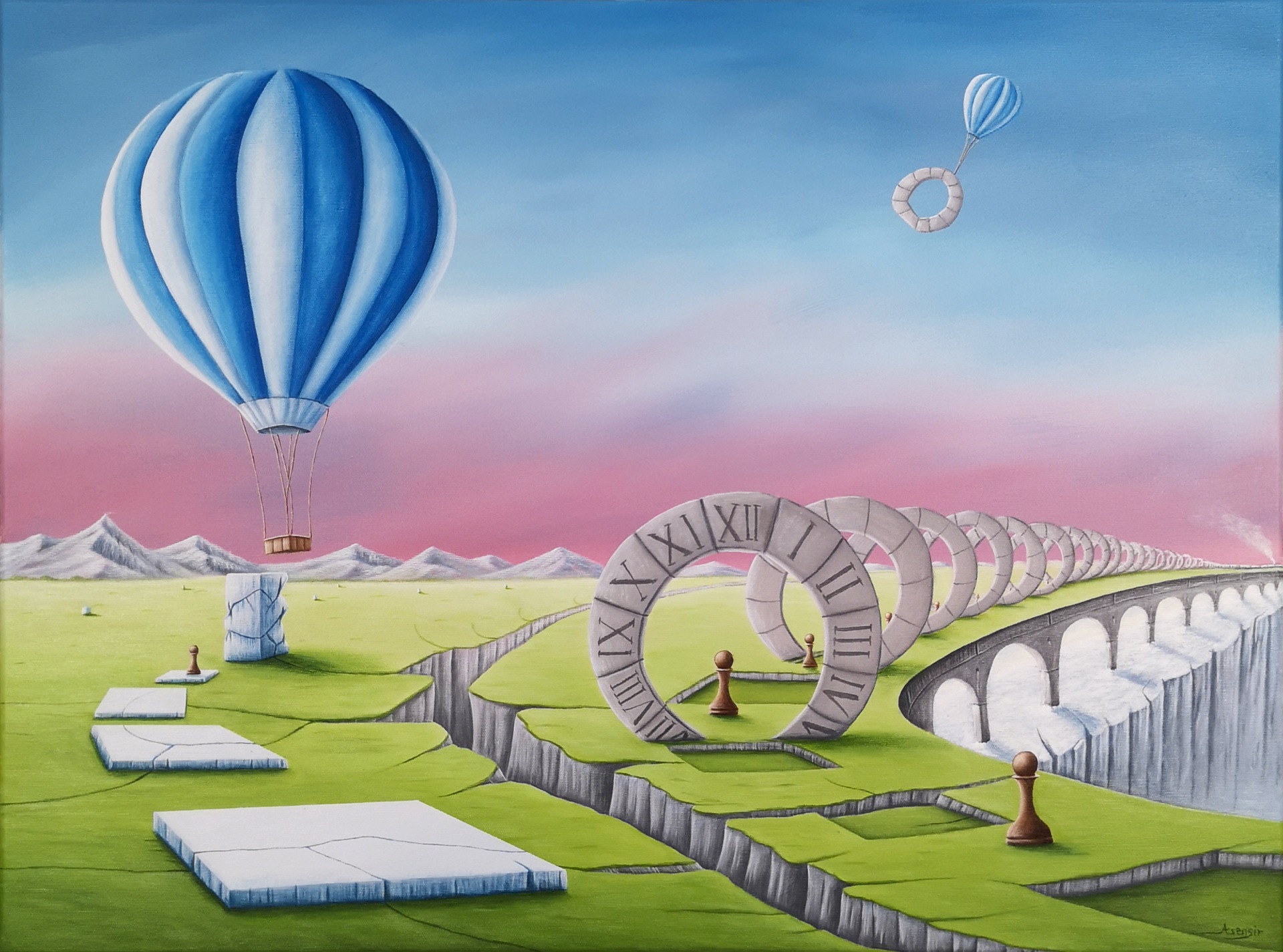 Obraz surrealistyczny z cyklu „Time” przedstawiający zegar, szachownicę i pionek szachowy w symbolicznej kompozycji krajobrazowej. Motywy czasu i decyzji ukazane poprzez elementy takie jak krajobraz, góry, szachy i unoszące się balony. Obraz akrylowy na płótnie autorstwa Asensir.

Surreal painting from the “Time” series featuring a clock, chessboard and chess in a symbolic landscape composition. Themes of time and choice are expressed through elements such as landscape, mountains, chess and floating air balloon. Acrylic painting on canvas by Asensir.