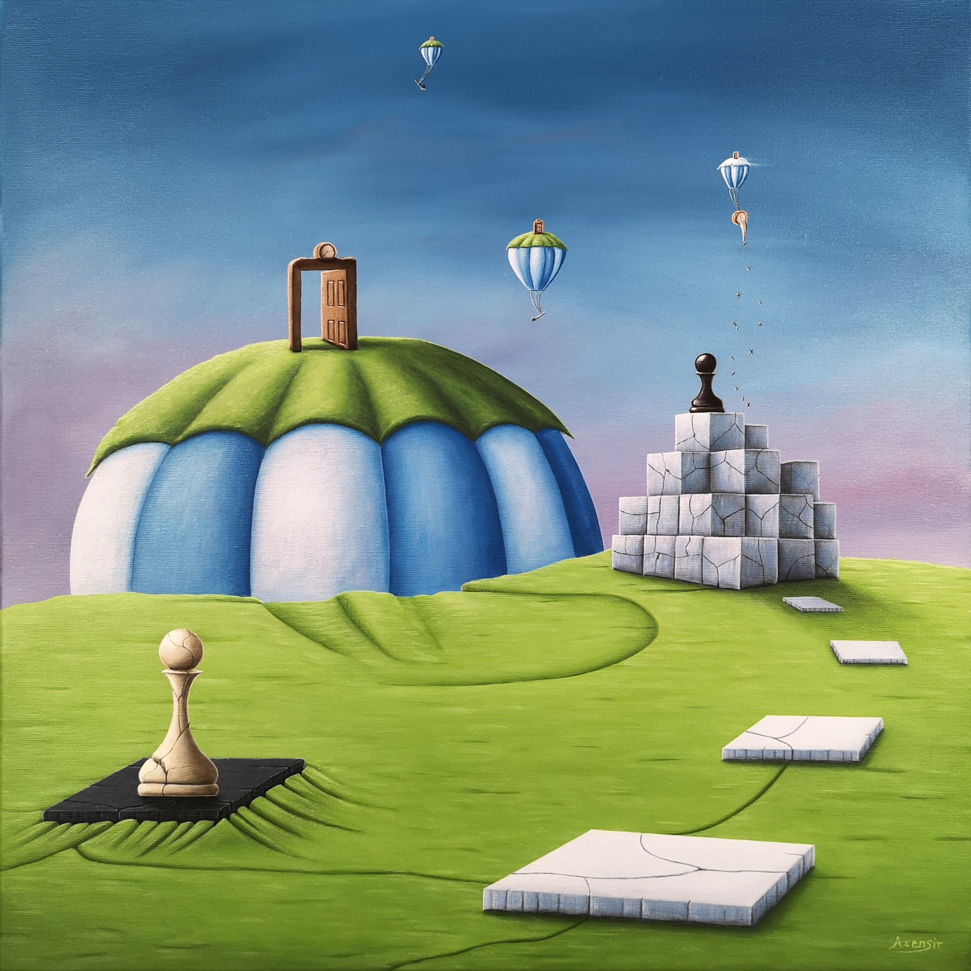 Obraz surrealistyczny z cyklu „Time” przedstawiający zegar, balony, drzwi, szachownicę i pionek szachowy w symbolicznej kompozycji krajobrazowej. Motywy czasu i decyzji ukazane poprzez elementy takie jak krajobraz, szachy, droga i podróż. Obraz akrylowy na płótnie autorstwa Asensir.

Surreal painting from the “Time” series featuring a clock, air balloon, chess tower,  chessboard and chess in a symbolic landscape composition. Themes of time and choice are expressed through elements such as landscape, chess, path and journey. Acrylic painting on canvas by Asensir.