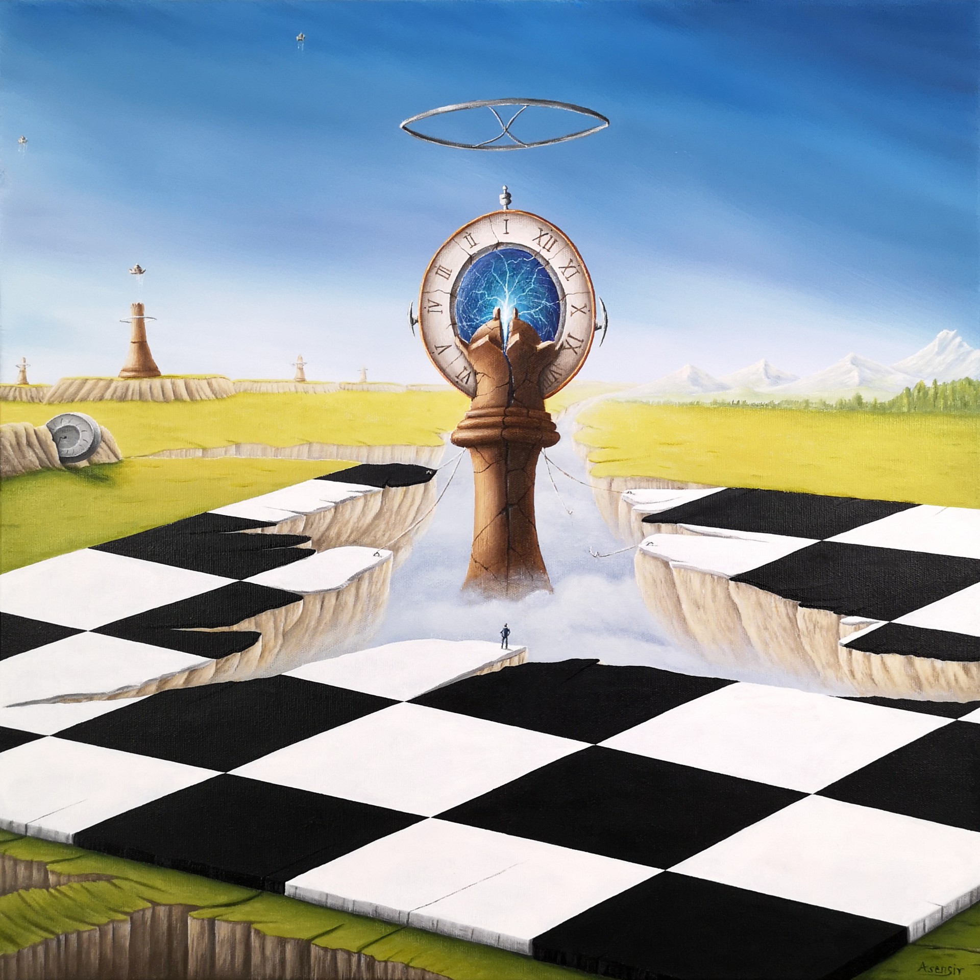 Obraz surrealistyczny fantastyczny z cyklu „Time” przedstawiający zegar, szachownicę i pionek szachowy w symbolicznej kompozycji krajobrazowej. Motywy czasu i decyzji ukazane poprzez elementy takie jak krajobraz, góry, szachy i portal. Obraz akrylowy na płótnie autorstwa Asensir.

Surreal fantasy painting from the “Time” series featuring a clock, chessboard and chess in a symbolic landscape composition. Themes of time and choice are expressed through elements such as landscape, mountains, chess and portal. Acrylic painting on canvas by Asensir.