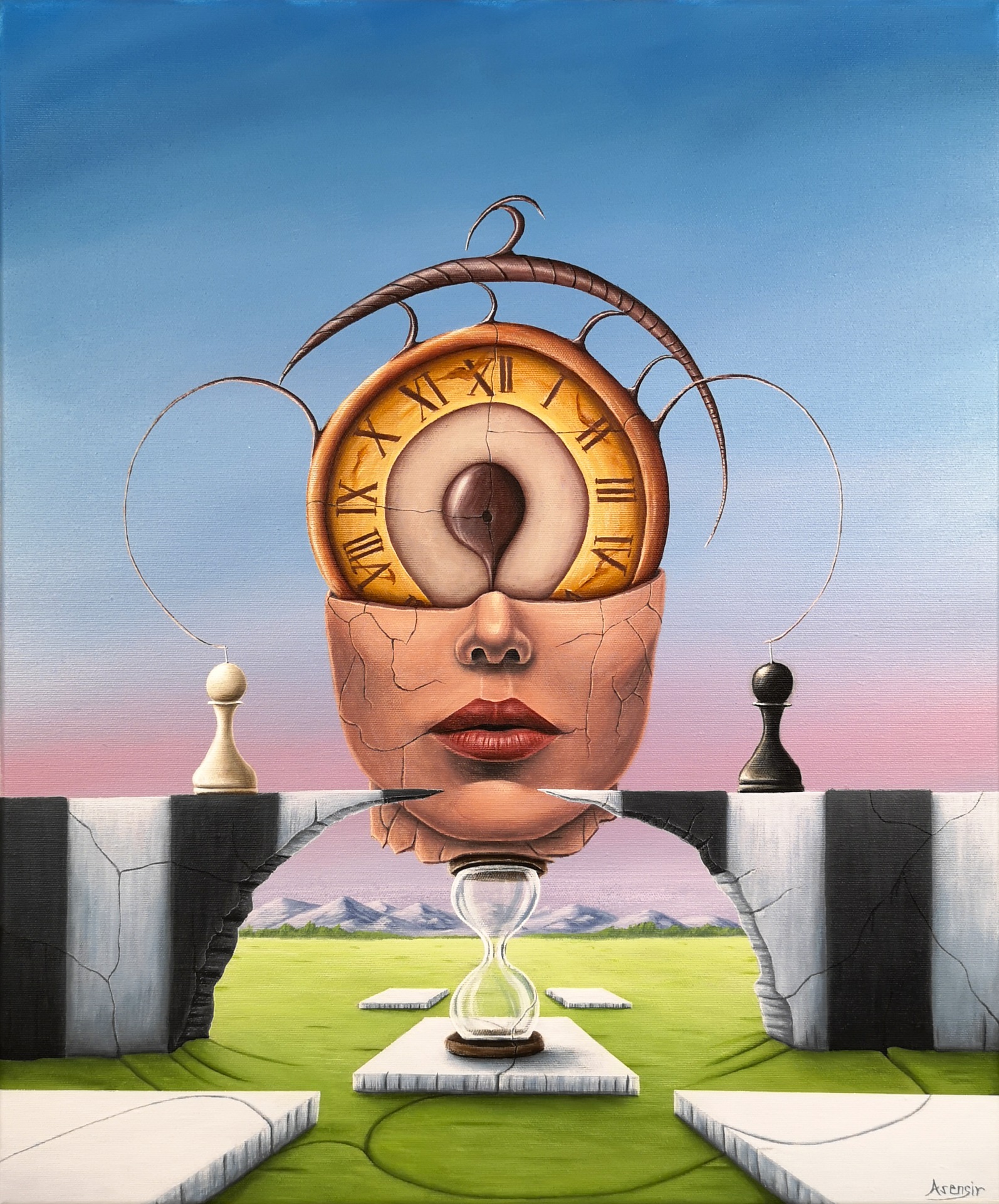Obraz surrealistyczny z cyklu „Time” przedstawiający zegar, twarz, głowę, szachownicę i pionek szachowy w symbolicznej kompozycji krajobrazowej. Motywy czasu i decyzji ukazane poprzez elementy takie jak krajobraz, góry, szachy, klepsydra i kobiecą twarz. Obraz akrylowy na płótnie autorstwa Asensir.

Surreal painting from the “Time” series featuring a clock, face, head,  chessboard and chess in a symbolic landscape composition. Themes of time and choice are expressed through elements such as landscape, mountains, chess, hourglass and woman face. Acrylic painting on canvas by Asensir.