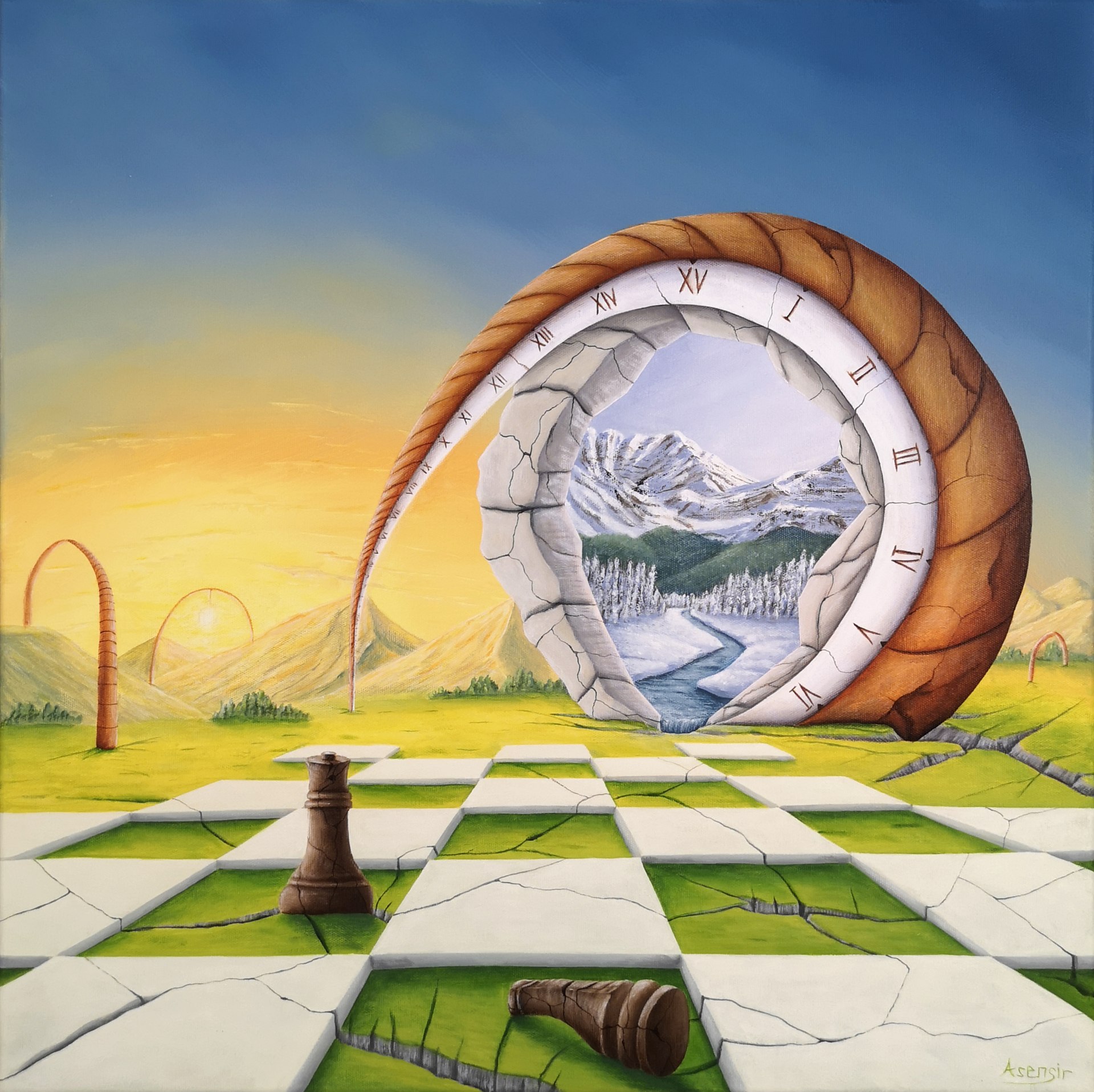 Surrealism fantasy art magical realism acrylic painting by polish artist ASENSIR
clock time chess chessboard water waterfall wood grass forest tree landscape mountain mountains cliff stone sky winter snow sunset blue green yellow brown white calm melancholy beautiful
Surrealizm sztuka fantastyczna realizm magiczny polski artysta malarz obraz akrylowy na płótnie obrazy malowane na płótnie
zegar czas szachy szachownica pionek  woda wodospad zachód słońca śnieg drzewo drewniany trawa słońce widok krajobraz klify wzgórza góra góry skała niebo obraz malarstwo błękit zielony żółty brązowy biały spokój melancholia piękny