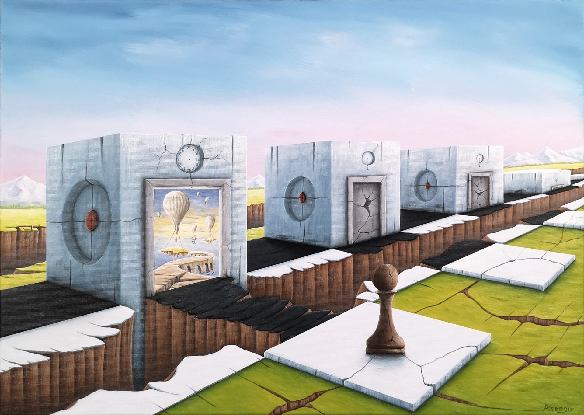 Obraz surrealistyczny z cyklu „Time” przedstawiający zegar, szachownicę i pionek szachowy w symbolicznej kompozycji krajobrazowej. Motywy czasu i decyzji ukazane poprzez elementy takie jak krajobraz, góry, szachy, portal i unoszące się balony. Obraz akrylowy na płótnie autorstwa Asensir.

Surreal painting from the “Time” series featuring a clock, chessboard and chess in a symbolic landscape composition. Themes of time and choice are expressed through elements such as landscape, mountains, chess, portal and floating air balloon. Acrylic painting on canvas by Asensir.