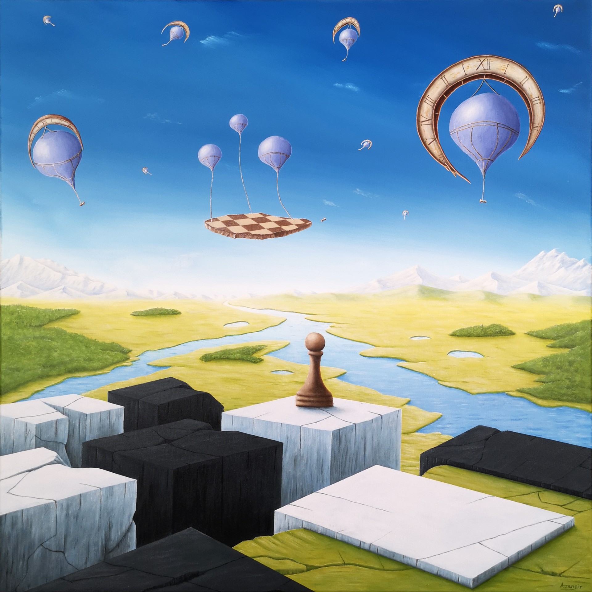 Obraz surrealistyczny z cyklu „Time” przedstawiający zegar, szachownicę i unoszący się balon w symbolicznej kompozycji krajobrazowej. Motywy czasu i decyzji ukazane poprzez elementy takie jak krajobraz, góry, szachy i rzeka. Obraz akrylowy na płótnie autorstwa Asensir.

Surreal painting from the “Time” series featuring a clock, chessboard and air balloon in a symbolic landscape composition. Themes of time and choice are expressed through elements such as landscape, mountains, chess and a river. Acrylic painting on canvas by Asensir.