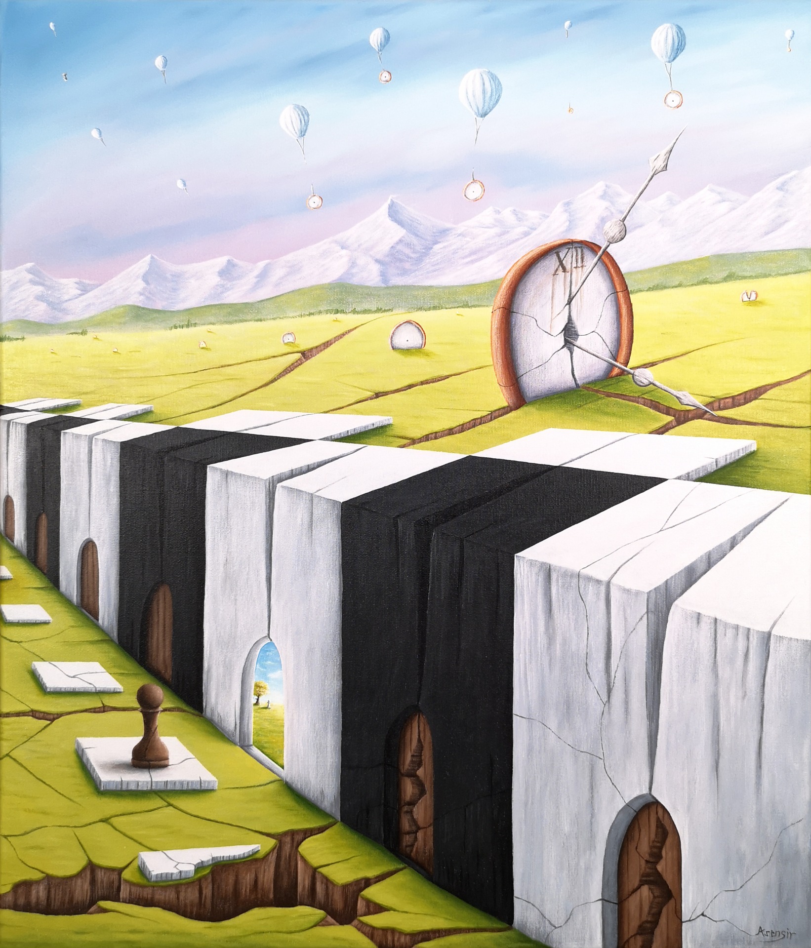 Obraz surrealistyczny z cyklu „Time” przedstawiający zegar, szachownicę i pionek szachowy w symbolicznej kompozycji krajobrazowej. Motywy czasu i decyzji ukazane poprzez elementy takie jak krajobraz, góry, szachy, portal i unoszące się balony. Obraz akrylowy na płótnie autorstwa Asensir.

Surreal painting from the “Time” series featuring a clock, chessboard and chess in a symbolic landscape composition. Themes of time and choice are expressed through elements such as landscape, mountains, chess, portal and floating air balloon. Acrylic painting on canvas by Asensir.