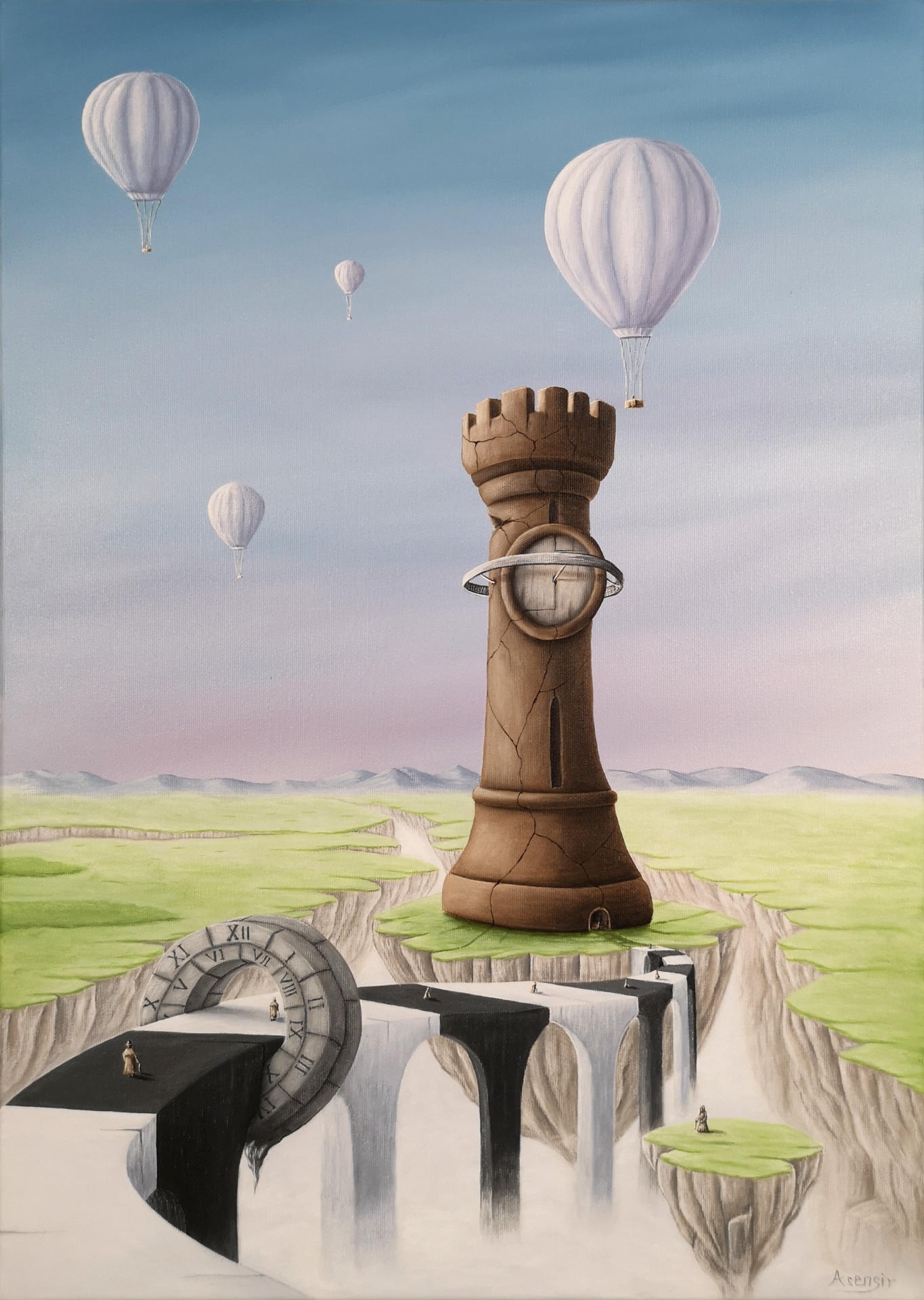 Obraz surrealistyczny z cyklu „Time” przedstawiający zegar, balony, most, wieżę szachową, szachownicę i pionek szachowy w symbolicznej kompozycji krajobrazowej. Motywy czasu i decyzji ukazane poprzez elementy takie jak krajobraz, góry, szachy, droga i podróż. Obraz akrylowy na płótnie autorstwa Asensir.

Surreal painting from the “Time” series featuring a clock, air balloon, bridge, chess tower,  chessboard and chess in a symbolic landscape composition. Themes of time and choice are expressed through elements such as landscape, mountains, chess, path and journey. Acrylic painting on canvas by Asensir.