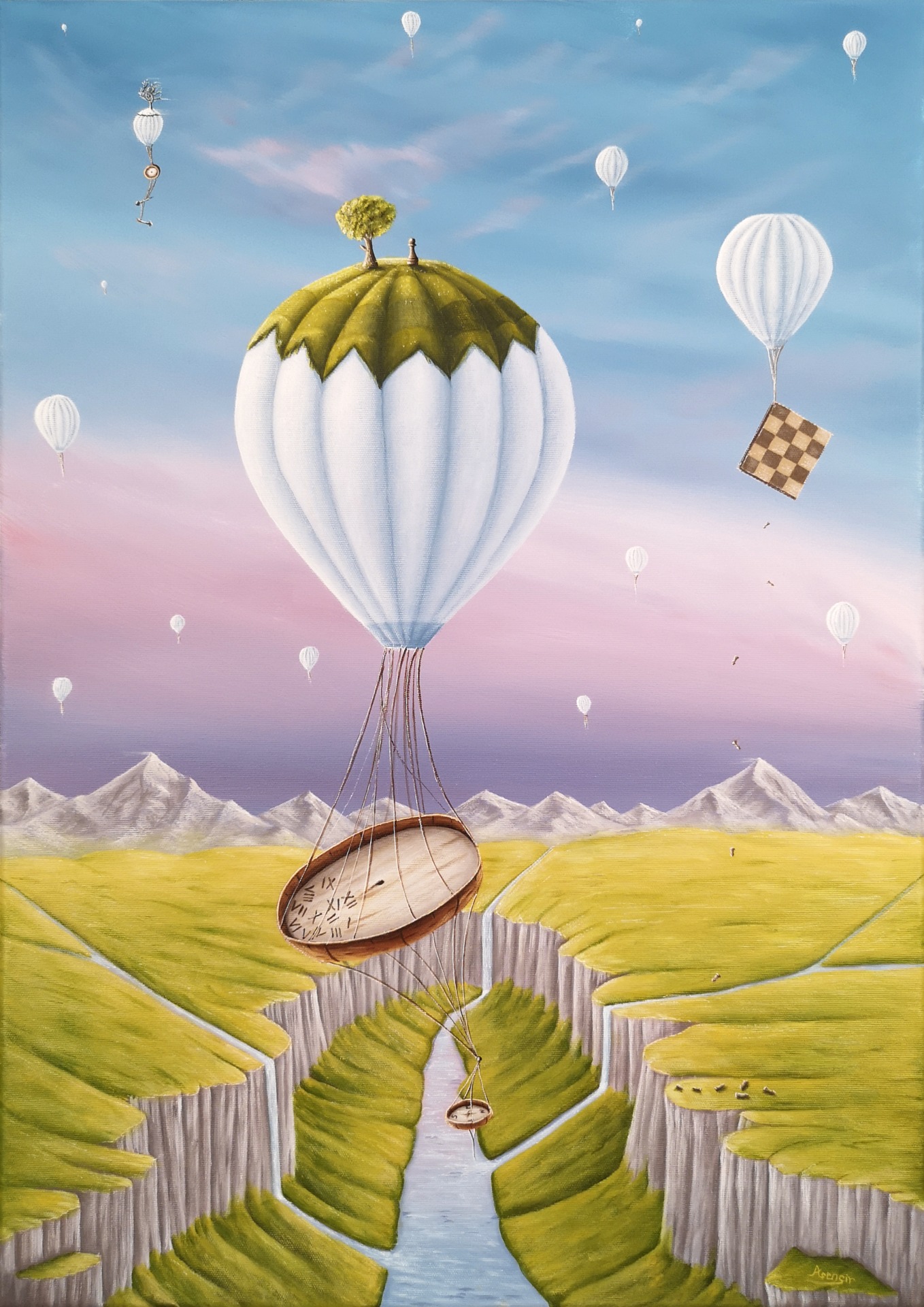 Obraz akrylowy na płótnie w stylu Surrealizm, sztuka fantastyczna i realizm magiczny, stworzony przez polski artysta malarz ASENSIR. Kompozycja przedstawia zegar, czas, fantastyczny balon lecący, szachownica, drzewo oraz widok krajobraz z elementami klify, wzgórza, góra, góry, rzeka i skała pod niebo. Malarstwo utrzymane w kolorach błękit, zielony, żółty, brązowy, biały, o charakterze spokój, melancholia i piękny